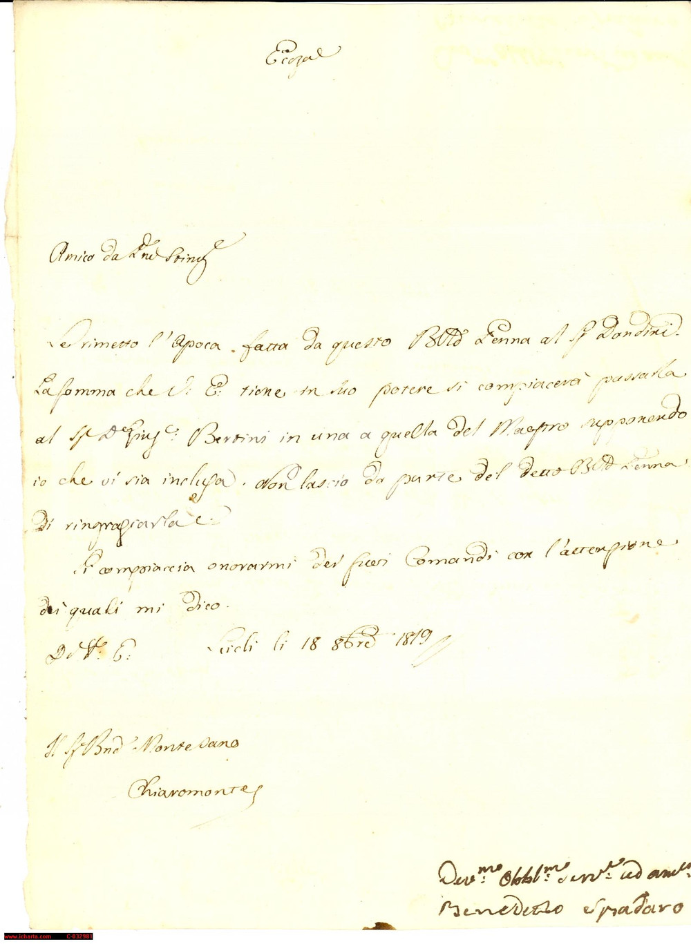 Manoscritto, lettera originale 1819 SCICLI (RG) CompiaccerÃ  a Giuseppe BERTINI... 1
