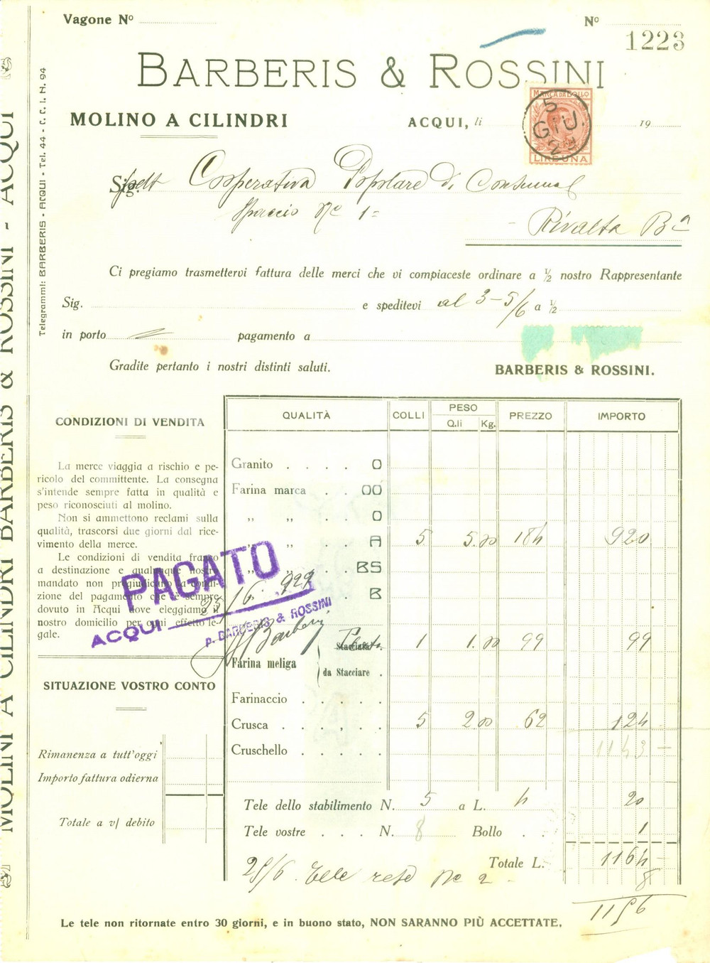 Documento originale, autentico 1929 ACQUI TERME (AL) Ditta BARBERIS & ROSSINI Nolino a cilindri *Fattura 1