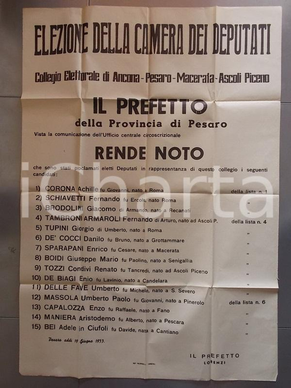 Documento originale, autentico 1953 PESARO ELEZIONI POLITICHE Elenco Deputati eletti Manifesto cm 70 x 100 1