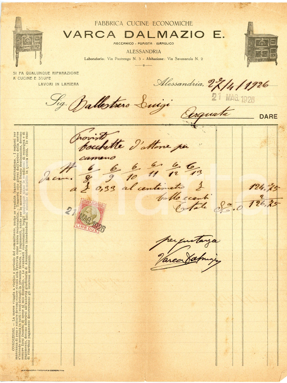 1926 ALESSANDRIA Dalmazio E. VARCA Fabbrica cucine economiche - Fattura Fattura commerciale d'epoca, su carta intestata, manoscritta, illustrata. CONDIZIONI: POOR (piegature d'epoca, strappi ai margini, lievi bruniture)PAGINE: 1    originale e autentica 1