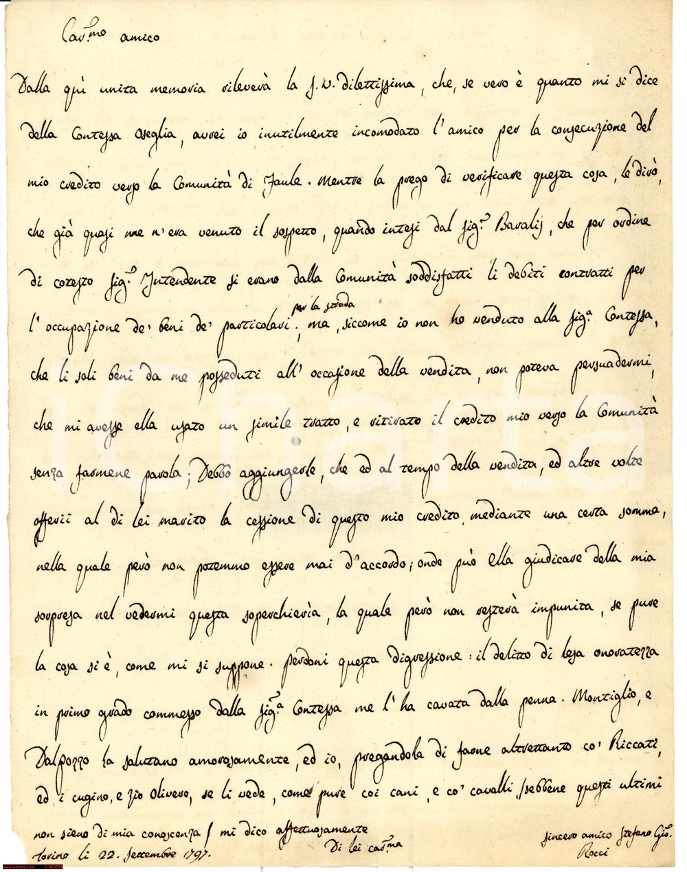 Autografo originale 1797 TORINO Stefano Giovanni ROCCI disonorato dalla contessa OSEGLIA *Autografo 1