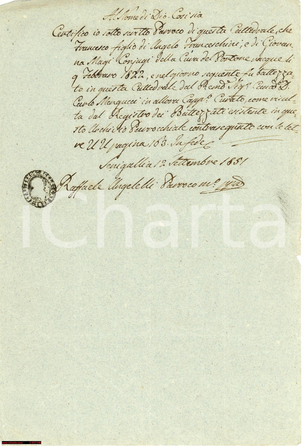Documento originale, autentico 1851 SENIGALLIA AN Battesimo Francesco FRANCESCHINI 1