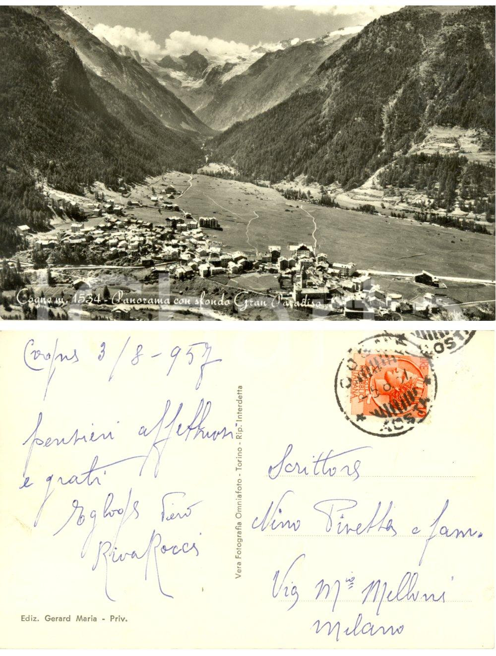 Autografo originale 1957 COGNE (AO) Gran Paradiso *Piero ed Egloge RIVA ROCCI a Nino PIVETTA FP VG 1