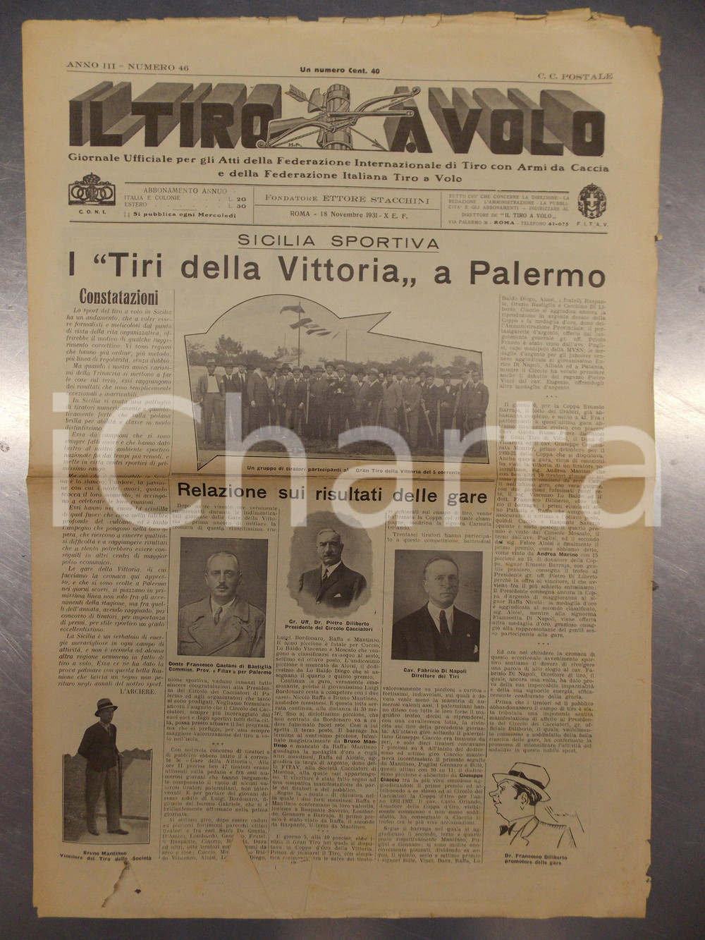 Giornale, rivista storica 1931 IL TIRO A VOLO Sicilia sportiva Tiri della Vittoria a PALERMO Giornale 1