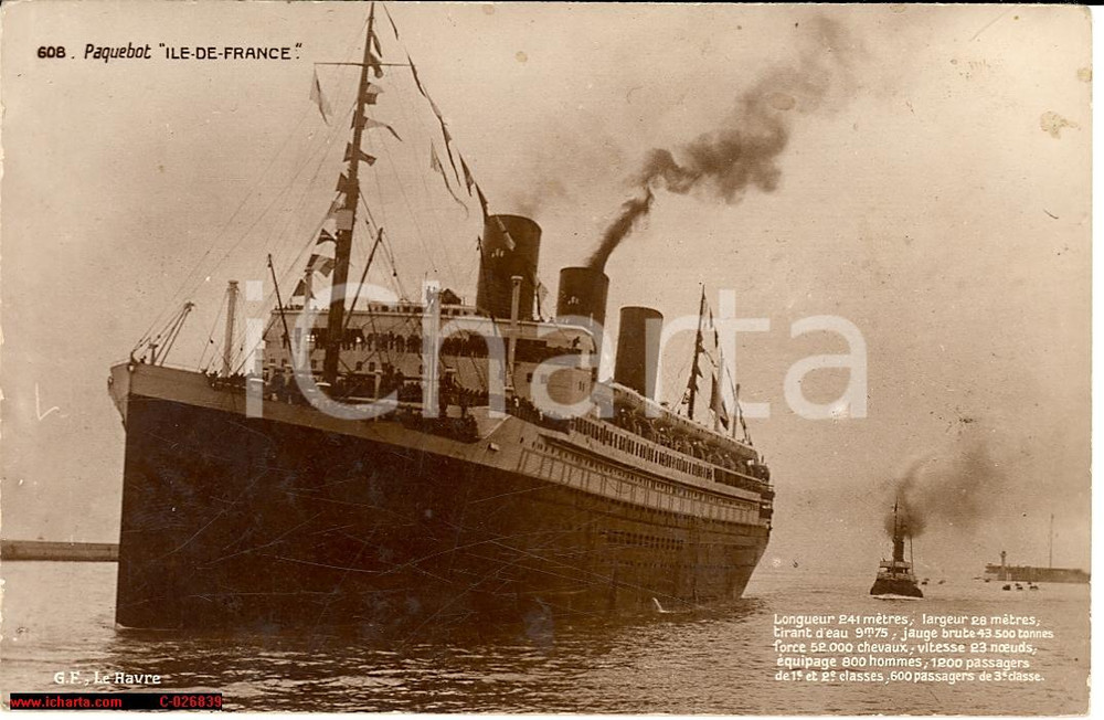 Cartolina originale da collezione 1927 Paquebot Ile de France, soccorso ANDREA DORIA 1