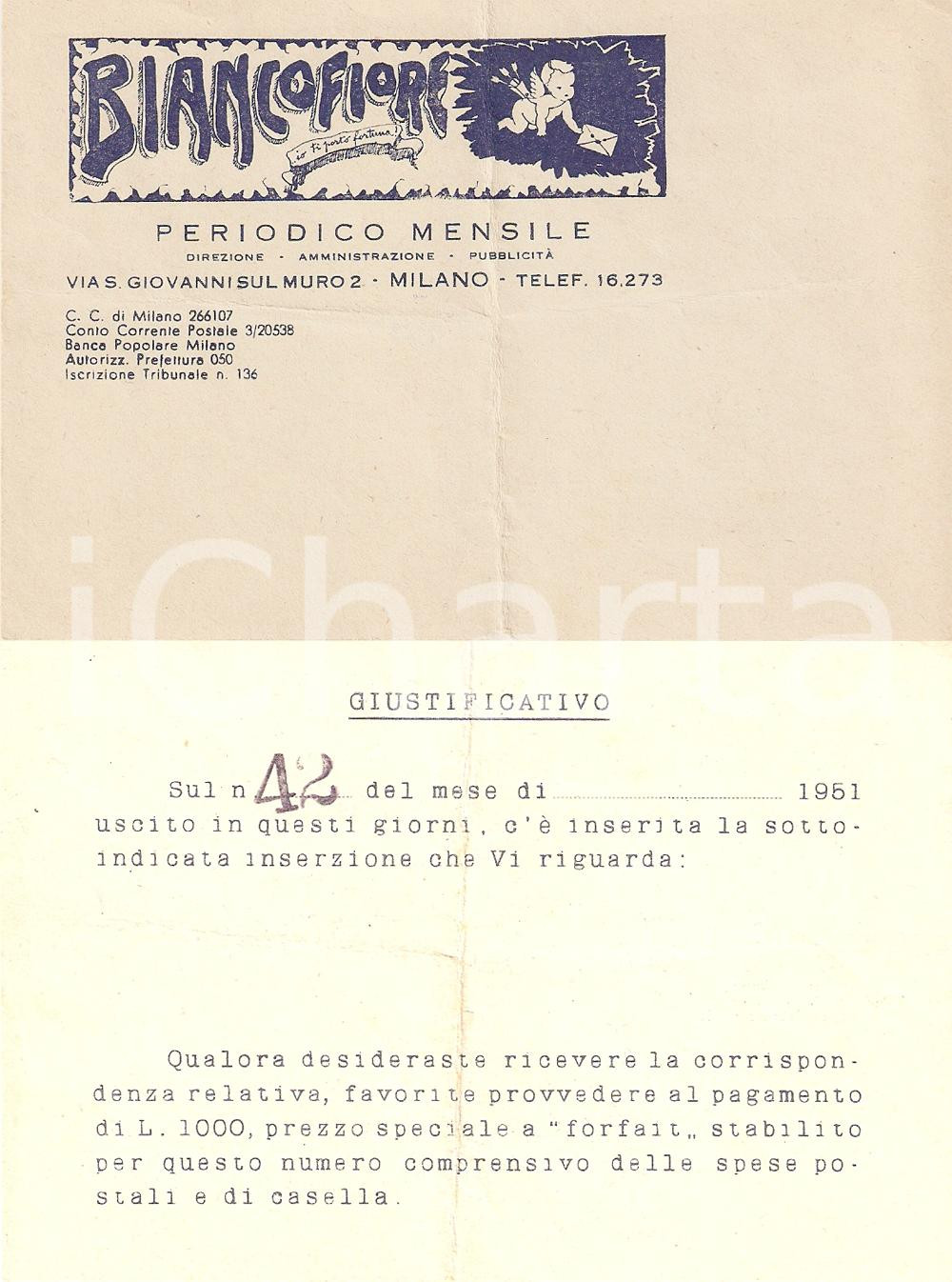 Materiale pubblicitario d’epoca 1951 MILANO Periodico mensile BIANCOFIORE Cartoncino per inserzioni DANNEGGIATO 1