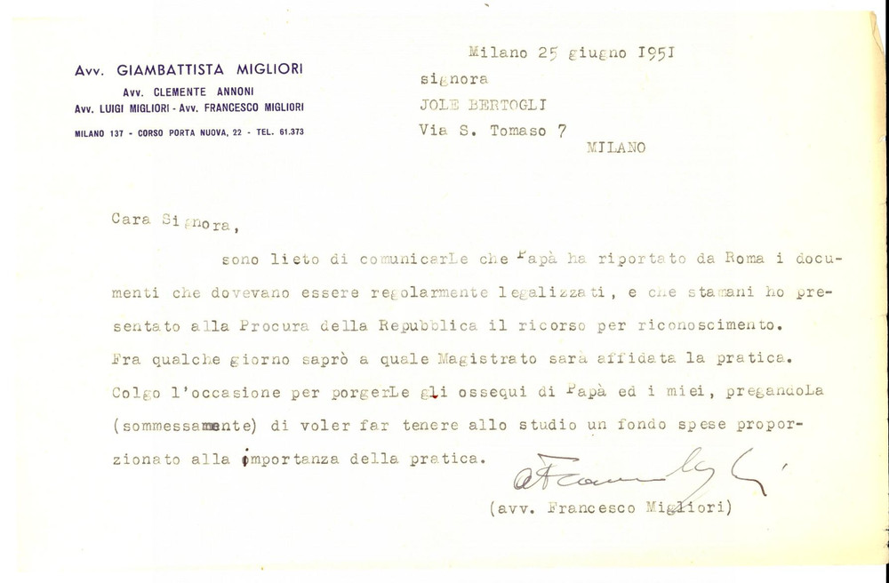 Autografo originale 1951 MILANO Lettera avvocato Francesco MIGLIORI ad Ada BERTOGLI Autografo 1
