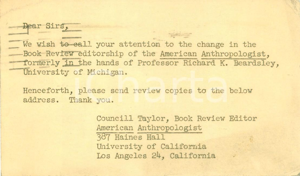 Manoscritto, lettera originale 1956 LOS ANGELES USA Councill TAYLOR nuovo recensore  American Anthropologist 1