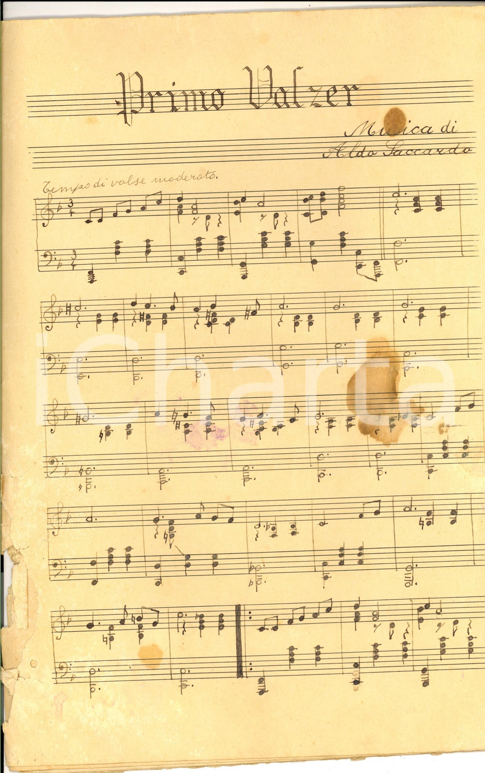 Oggetto da collezione cartaceo 1930 ca Aldo SACCARDO Primo valzer Spartito INEDITO gravemente DANNEGGIATO 1