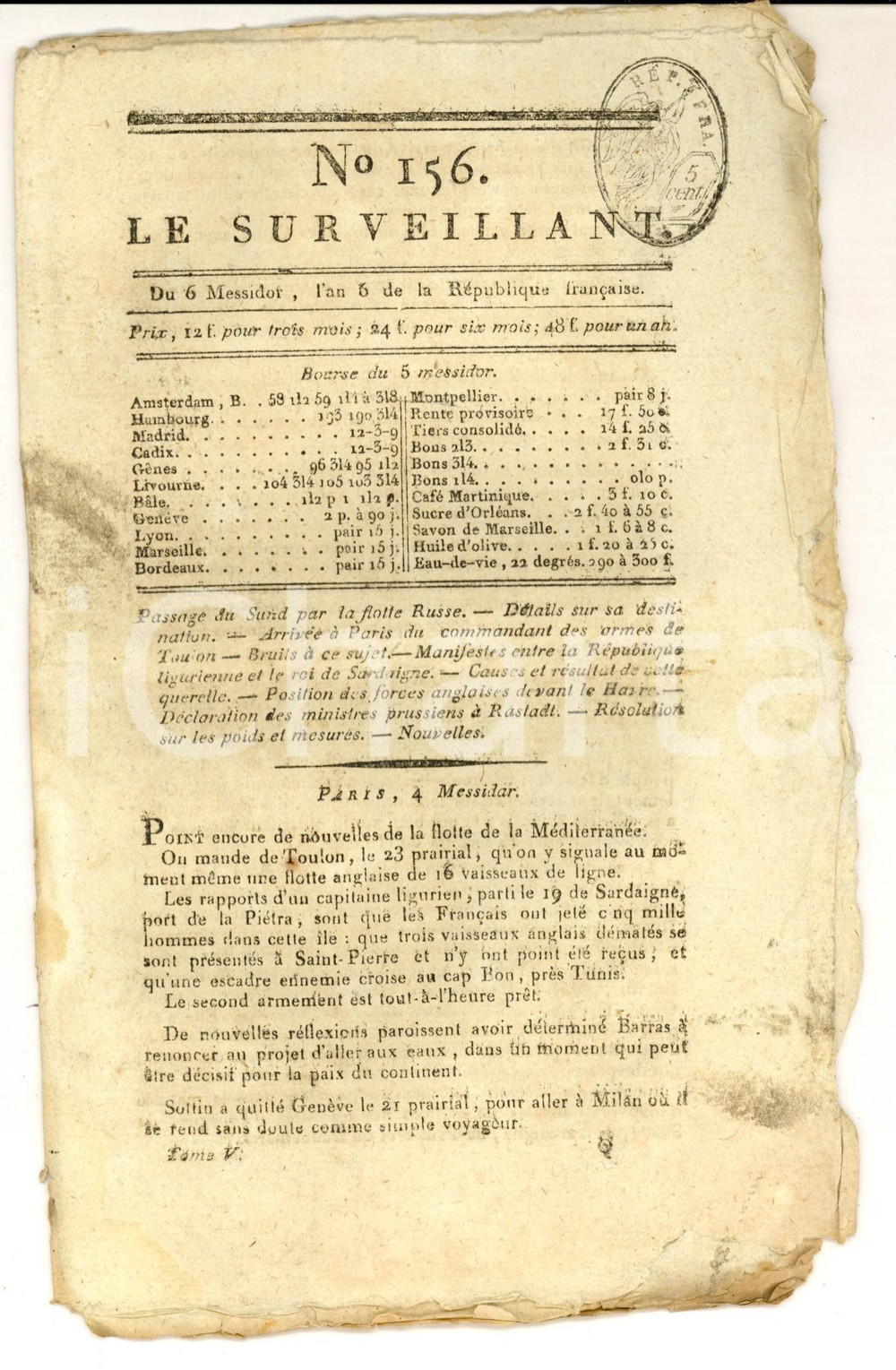 Giornale, rivista storica 1798 LE SURVEILLANT Gazette REVOLUTION Passage du SUND par la flotte RUSSE n°156 1