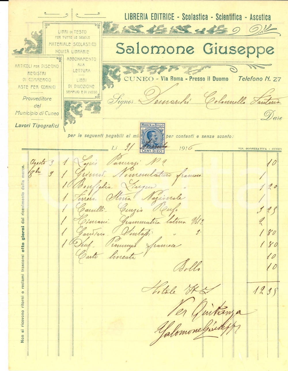 Documento originale, autentico 1916 CUNEO Giuseppe SALOMONE Libreria Editrice scolastica Fattura intestata 1