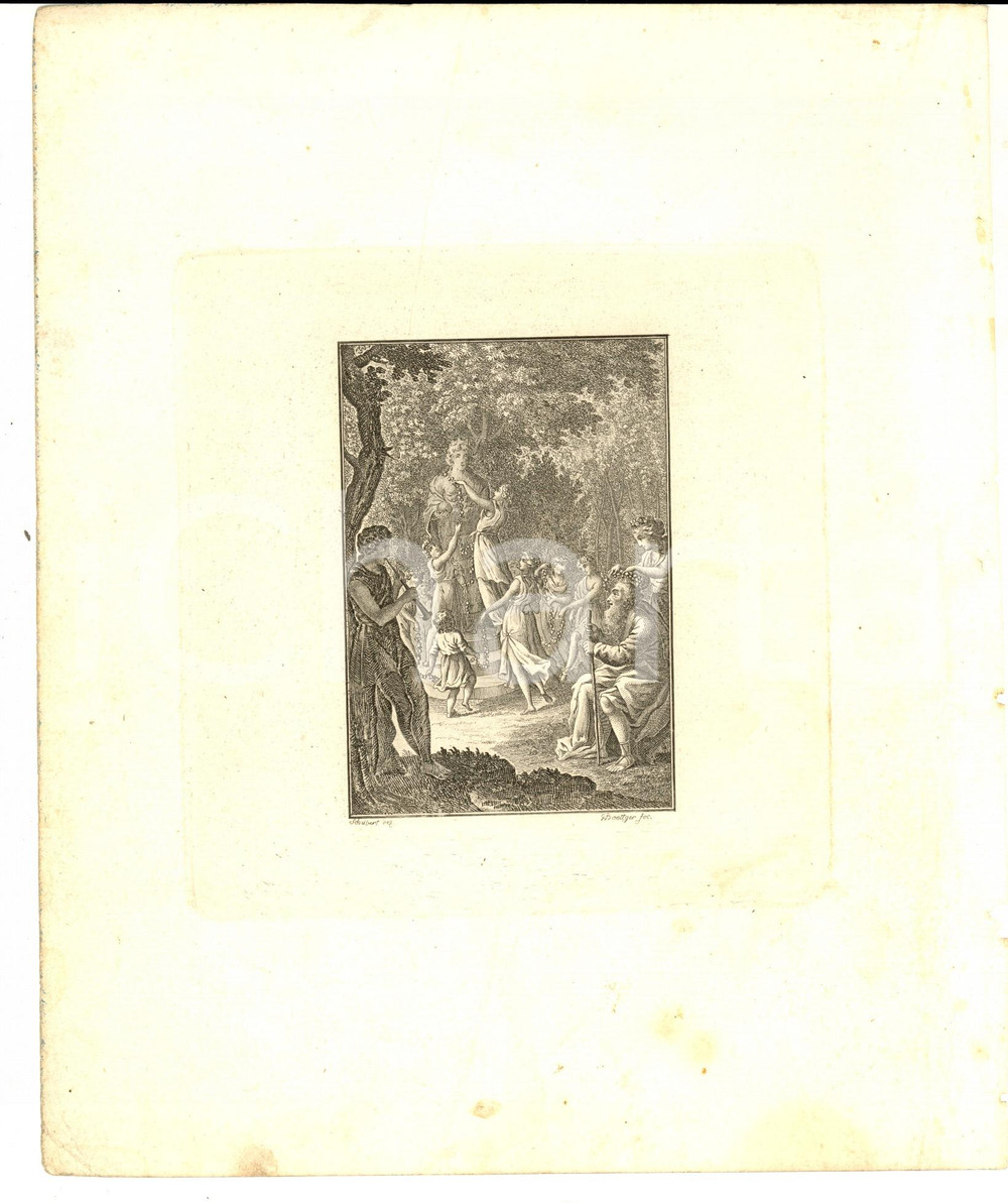 Stampa, bozzetto originale 1850 ca GERMANY Fanciulle addobbano una statua Stampa inc. BOETTGER 20x24 cm 1