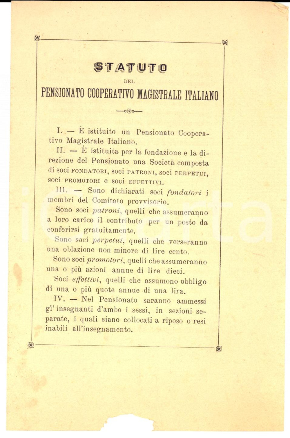 Documento originale, autentico 1892 TORINO Statuto del pensionato cooperativo magistrale italiano *Documento 1