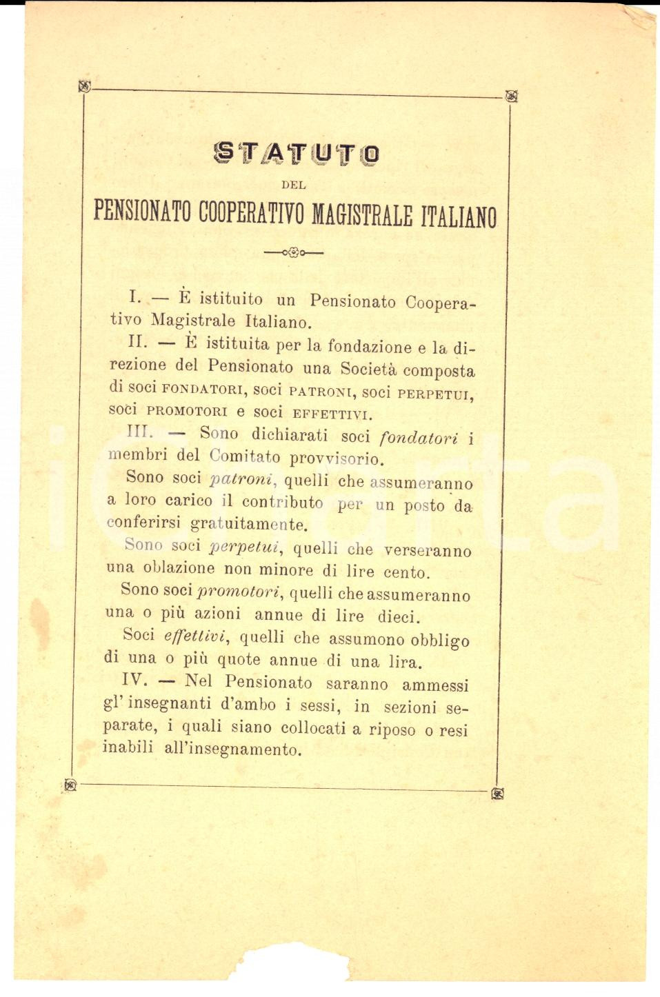 Documento originale, autentico 1892 TORINO Statuto del pensionato cooperativo magistrale italiano Documento 1