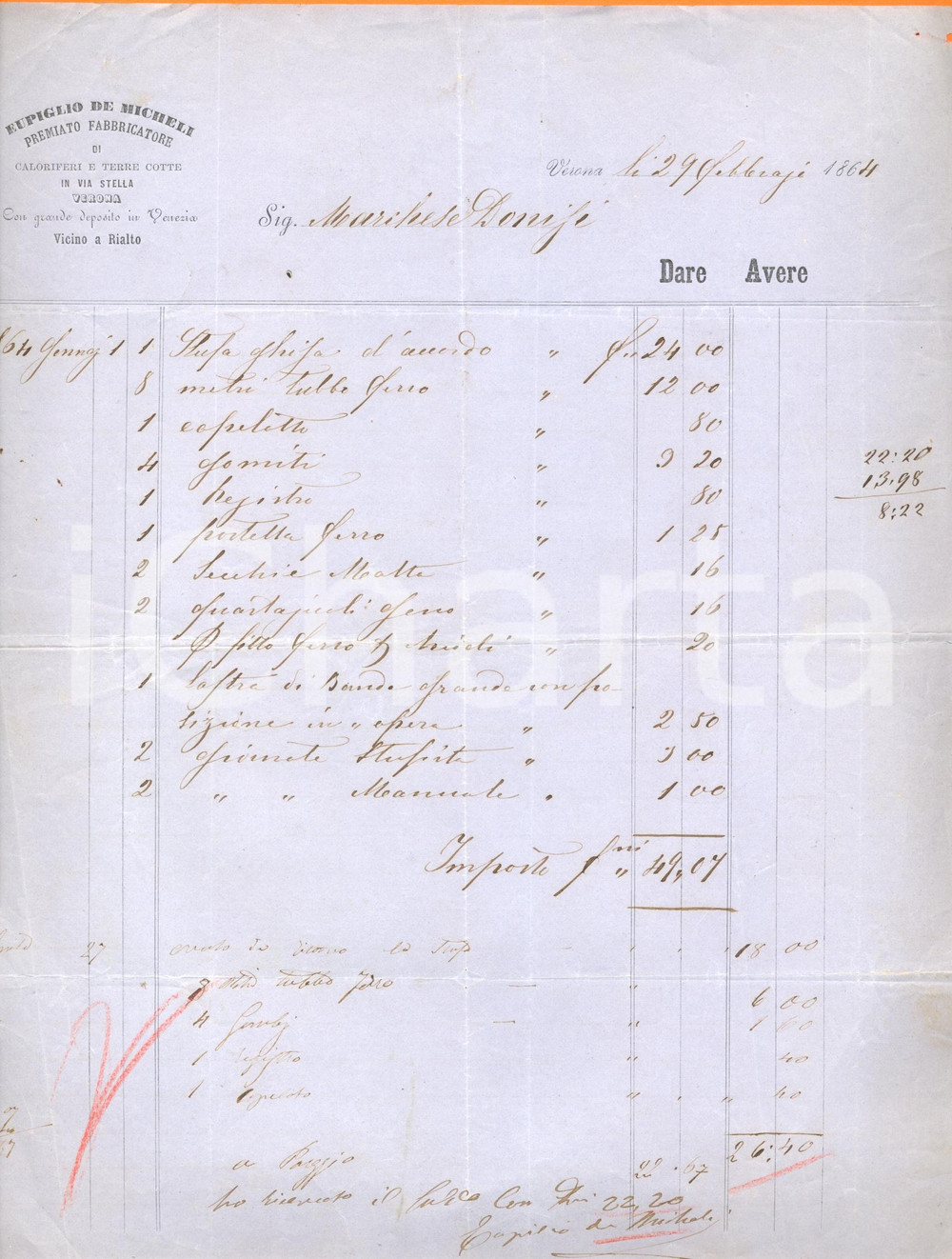Documento originale, autentico 1864 VERONA Eupiglio DE MICHELI caloriferi e terre cotte Fattura commerciale 1
