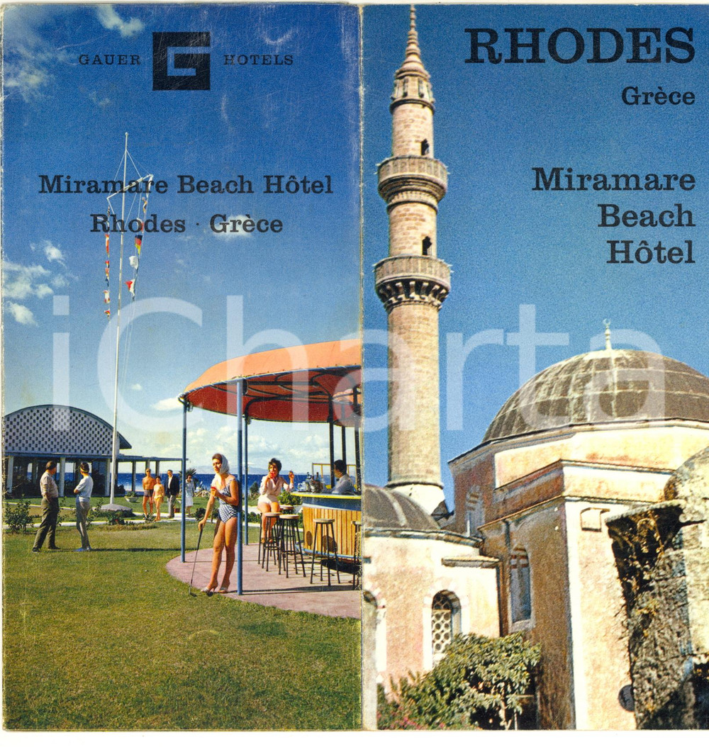 Materiale pubblicitario d’epoca 1970 ca RHODES GRECE Miramare Beach Hotel Pieghevole ILLUSTRATO 1