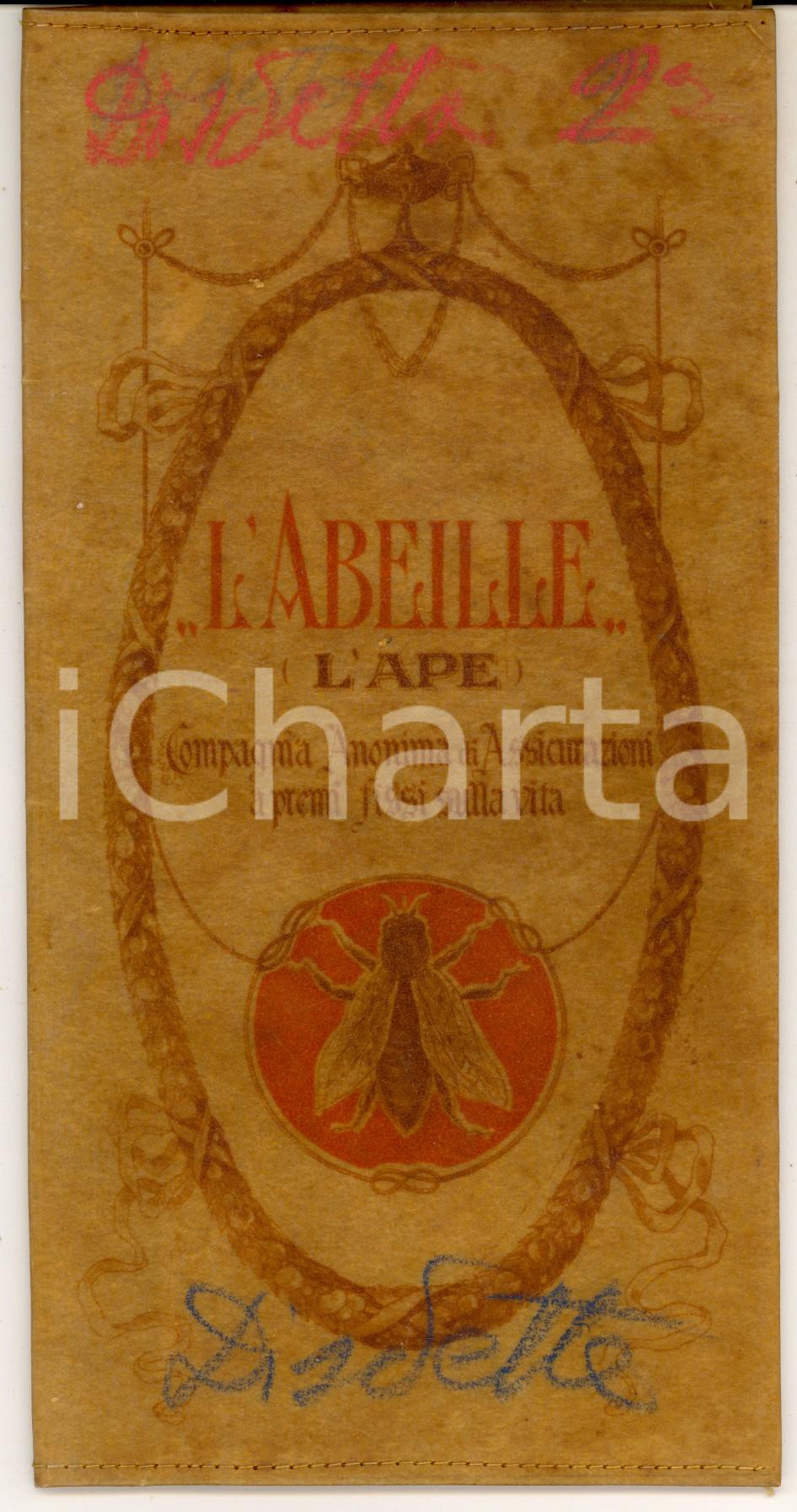 Materiale pubblicitario d’epoca 1930 ca L ABEILLE Assicurazioni sulla vita Custodia pubblicitaria pergamena 1