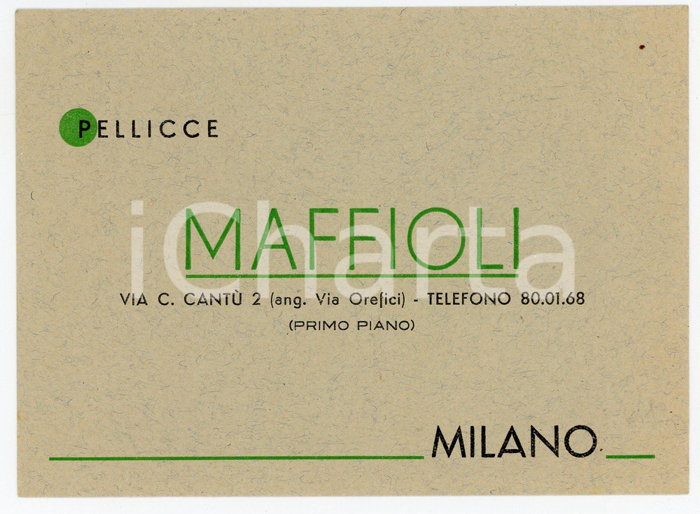 Materiale pubblicitario d’epoca 1950 Milano VIA Cantù 2  Pellicce MAFFIOLI, reclame d epoca 1