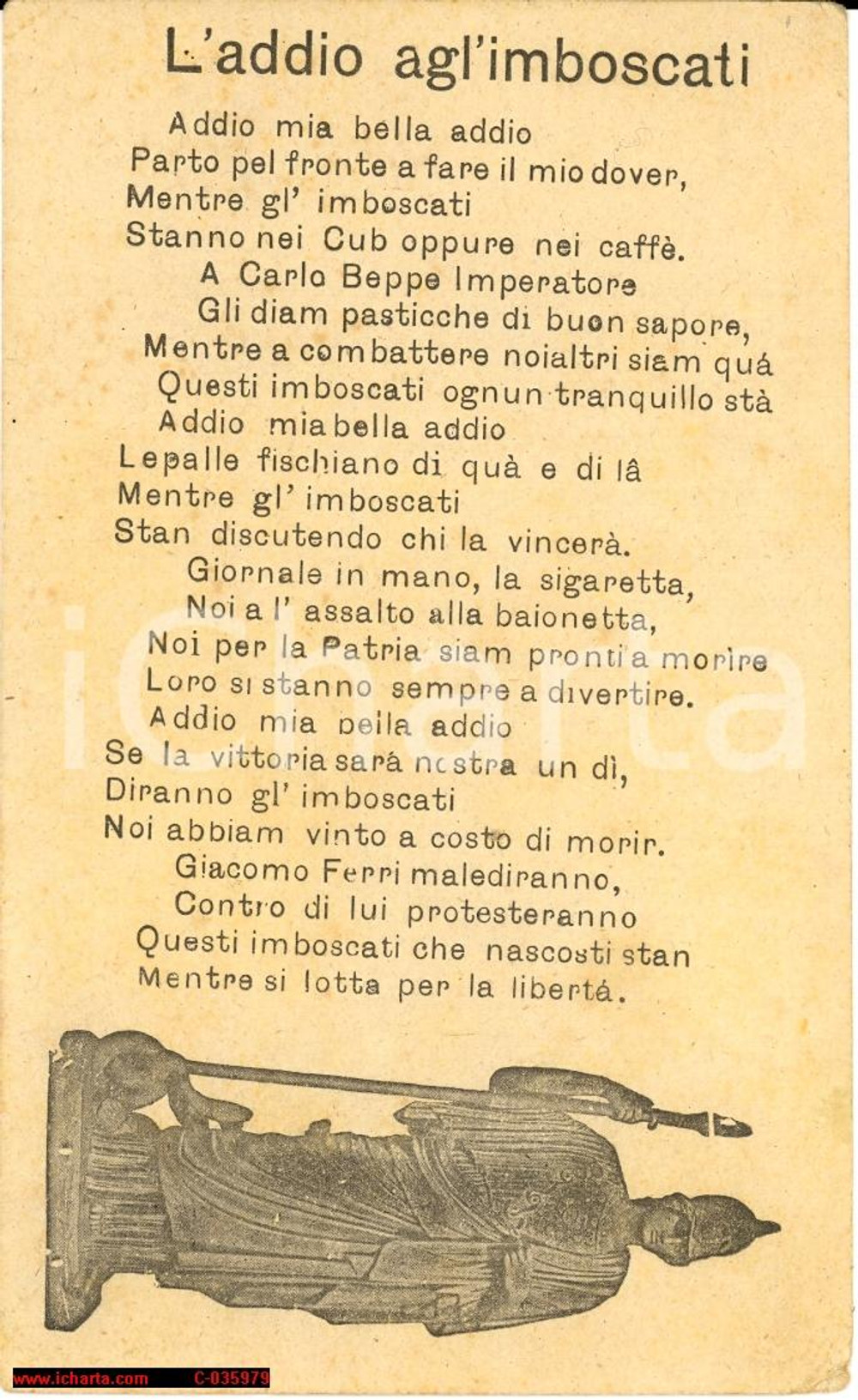 Cartolina originale da collezione 1917 WWI L'addio agli'imboscati *Poesia propaganda 1