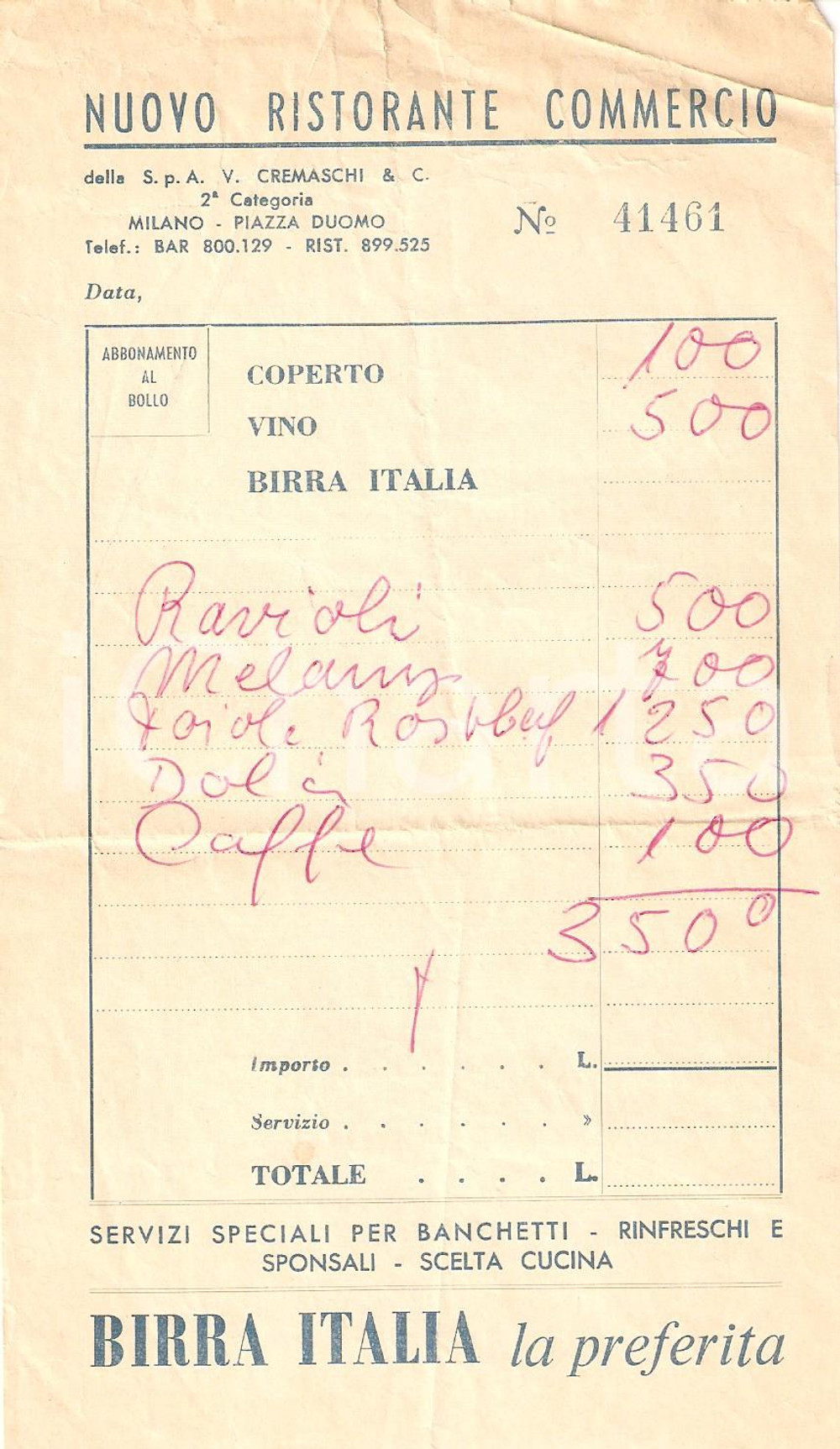 Materiale pubblicitario d’epoca 1965 ca MILANO Nuovo Ristorante Commercio Pubblicità  BIRRA ITALIA Ricevuta 1