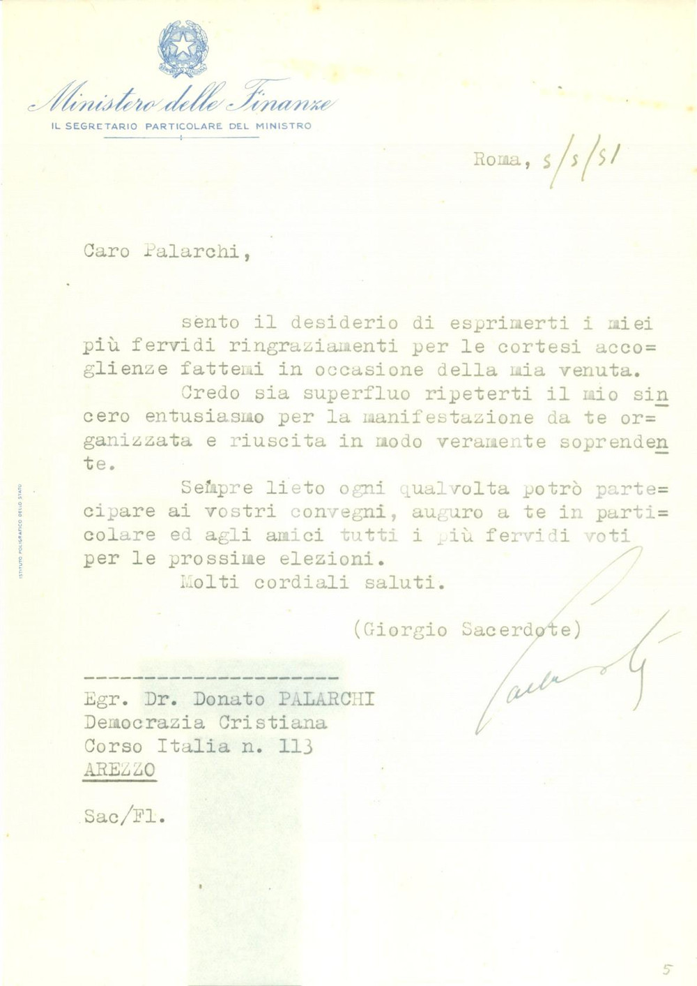 Autografo originale 1951 ROMA Giorgio SACERDOTE lieto di partecipare ai convegni DC AUTOGRAFO 1
