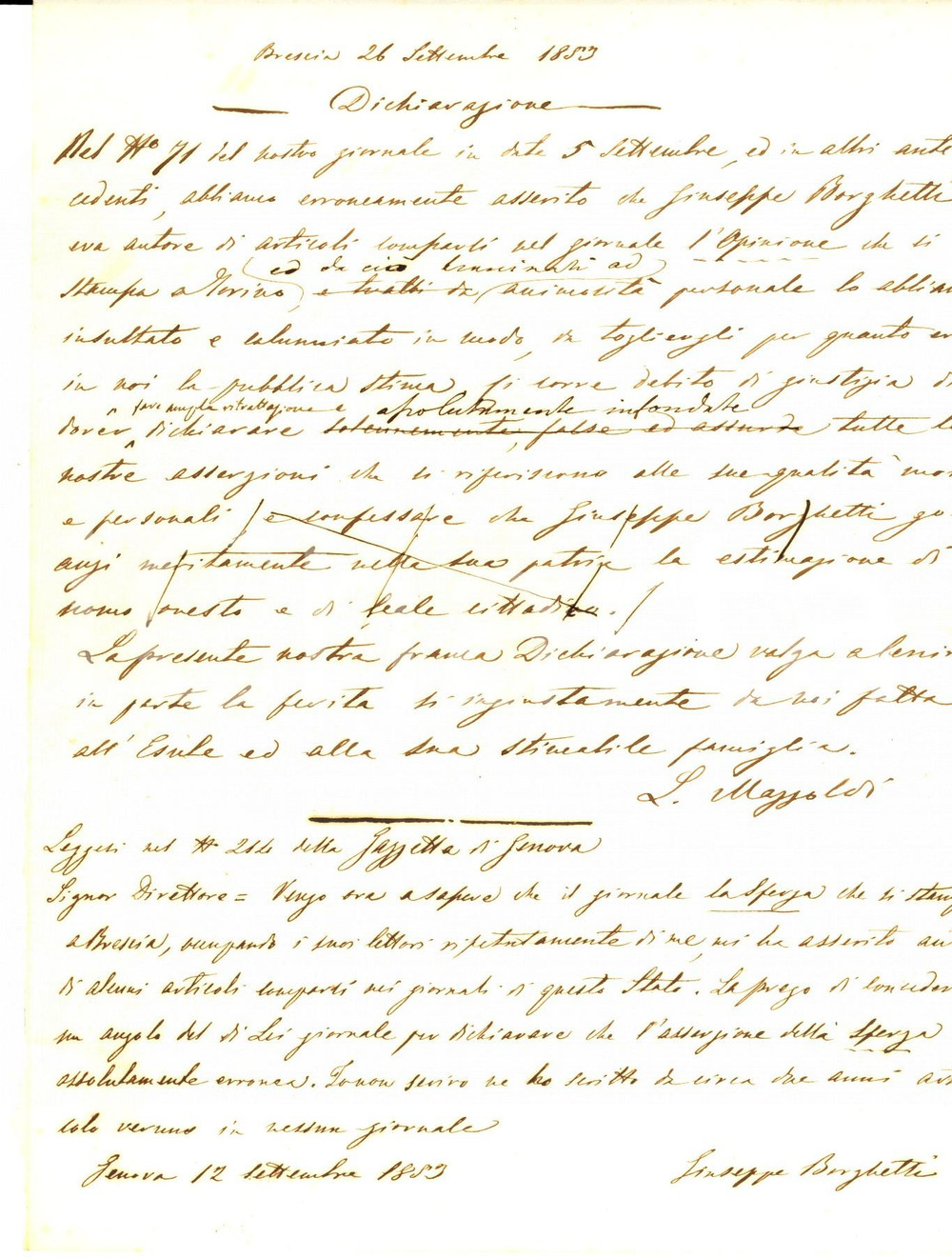 Documento originale, autentico 1853 GIORNALE DI BRESCIA Minuta ritrattazione per calunnie a Giuseppe BORGHETTI 1
