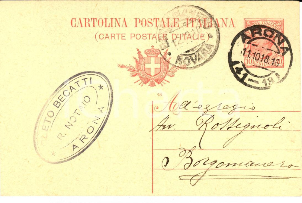 Cartolina originale da collezione 1916 ARONA (NO) Notaio Cleto BECATTI all'avv. ROSSIGNOLI *Cartolina postale 1