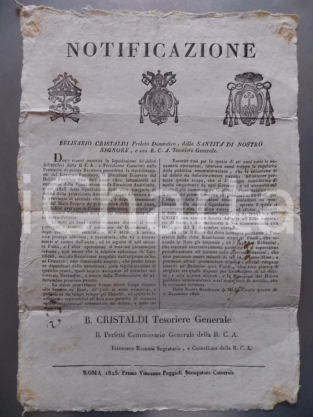 Documento originale, autentico 1825 STATO PONTIFICIO Liquidazione debito Amministrazione Austriaca Manifesto 1