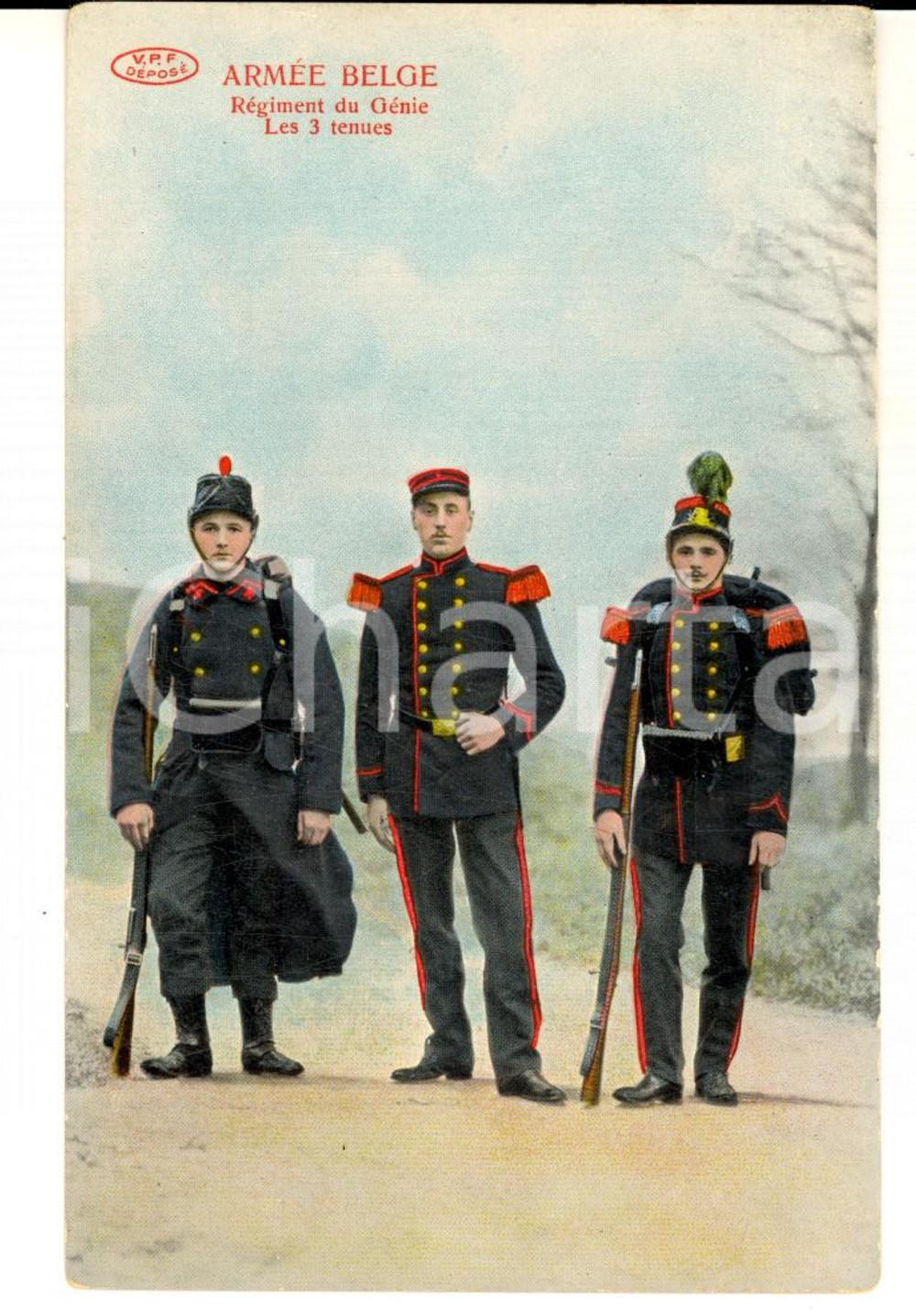 Cartolina originale da collezione 1910 ca ARMEE BELGE RÃ©giment du GENIE  Les 3 tenues Carte postale Ã©d. PREAUX 1