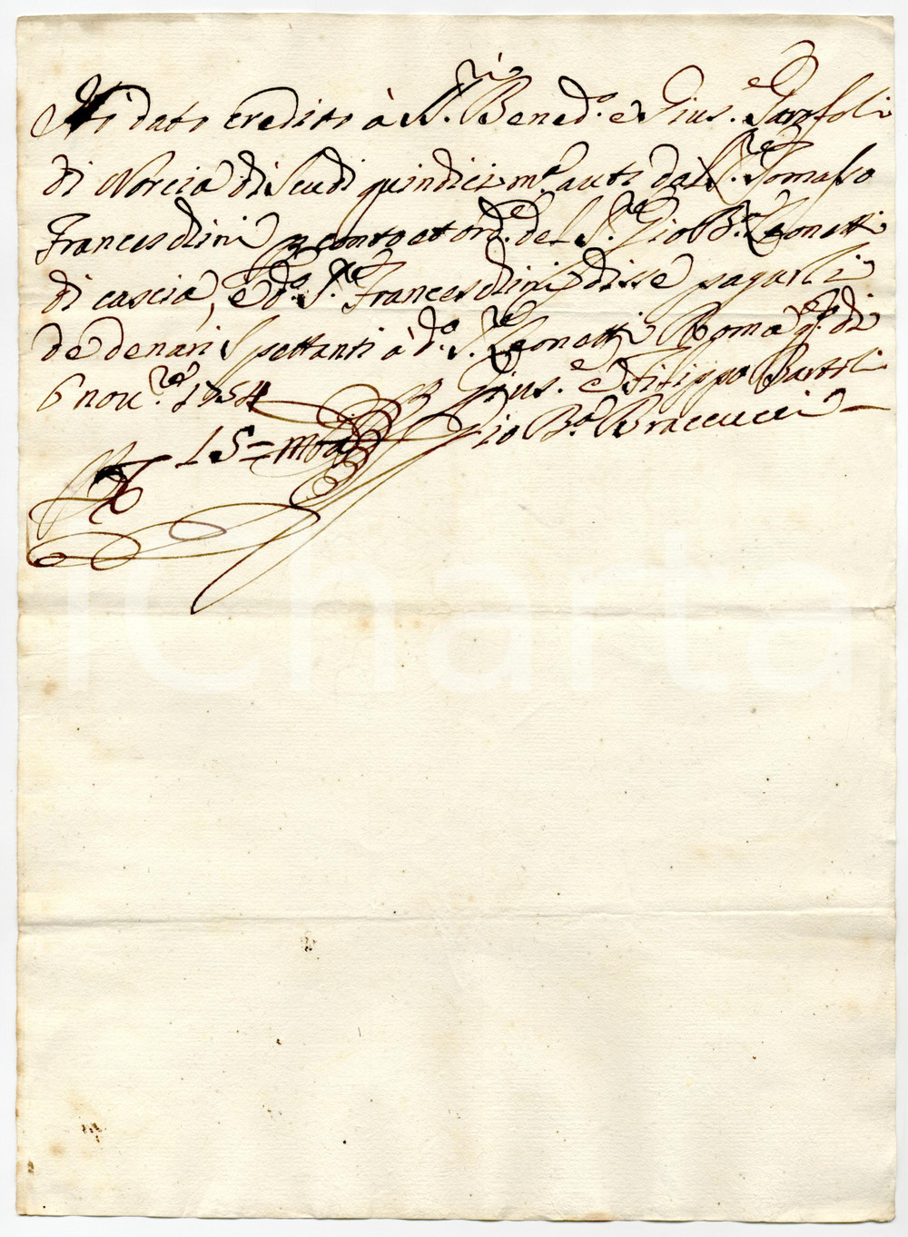 Documento originale, autentico 1754 ROMA Ricevuta di Giuseppe Filippo BARTOLI per nobili famiglie umbre 1