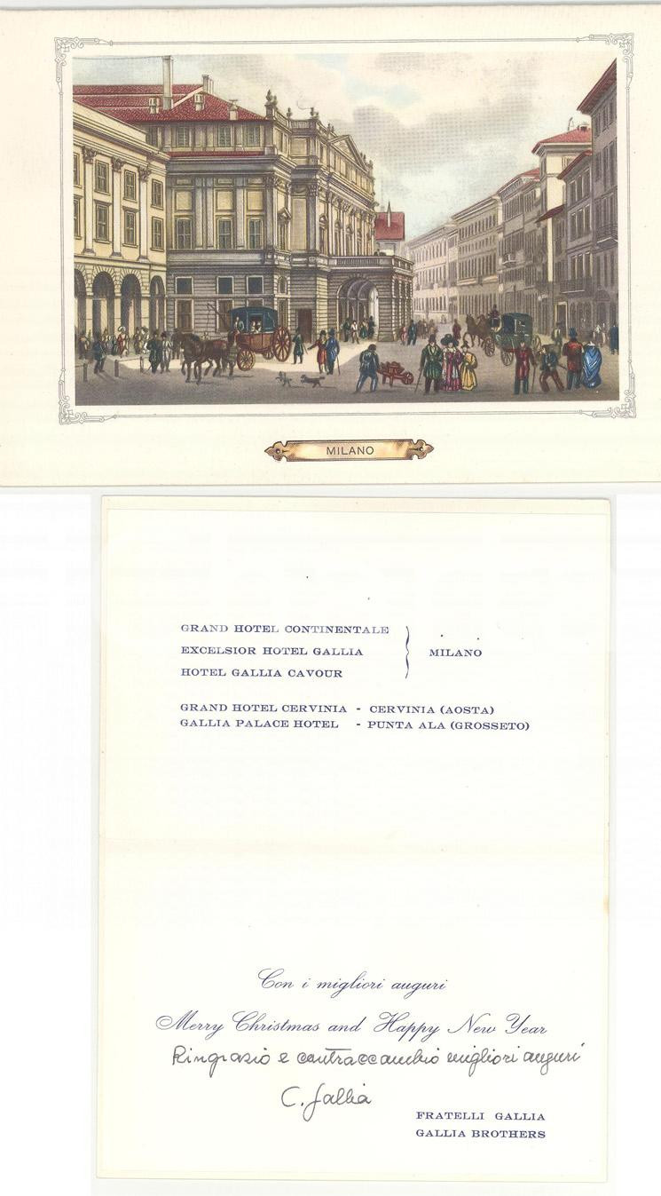 Autografo originale 1950 MILANO Biglietto auguri natalizi Hotel Gallia  Autografo Carlo GALLIA 1