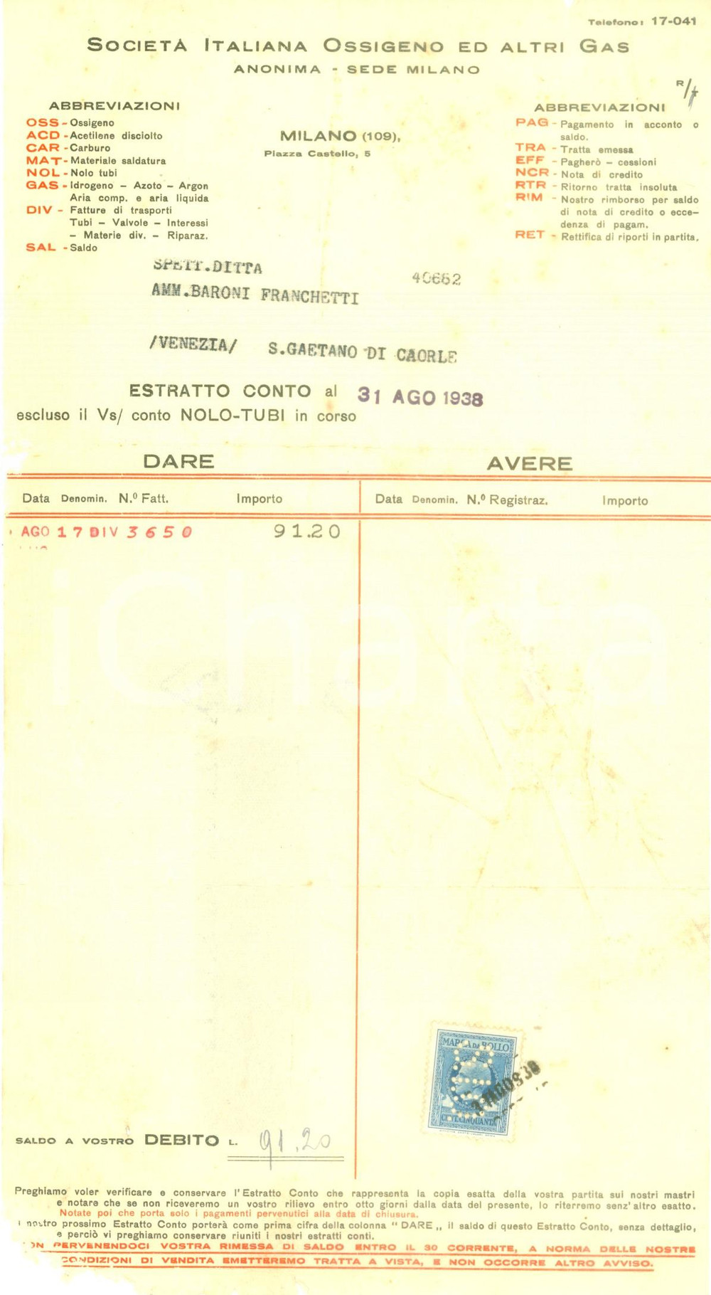 Documento originale, autentico 1938 MILANO Piazza Castello 5 Società Italiana Ossigeno Altri Gas Fattura 1