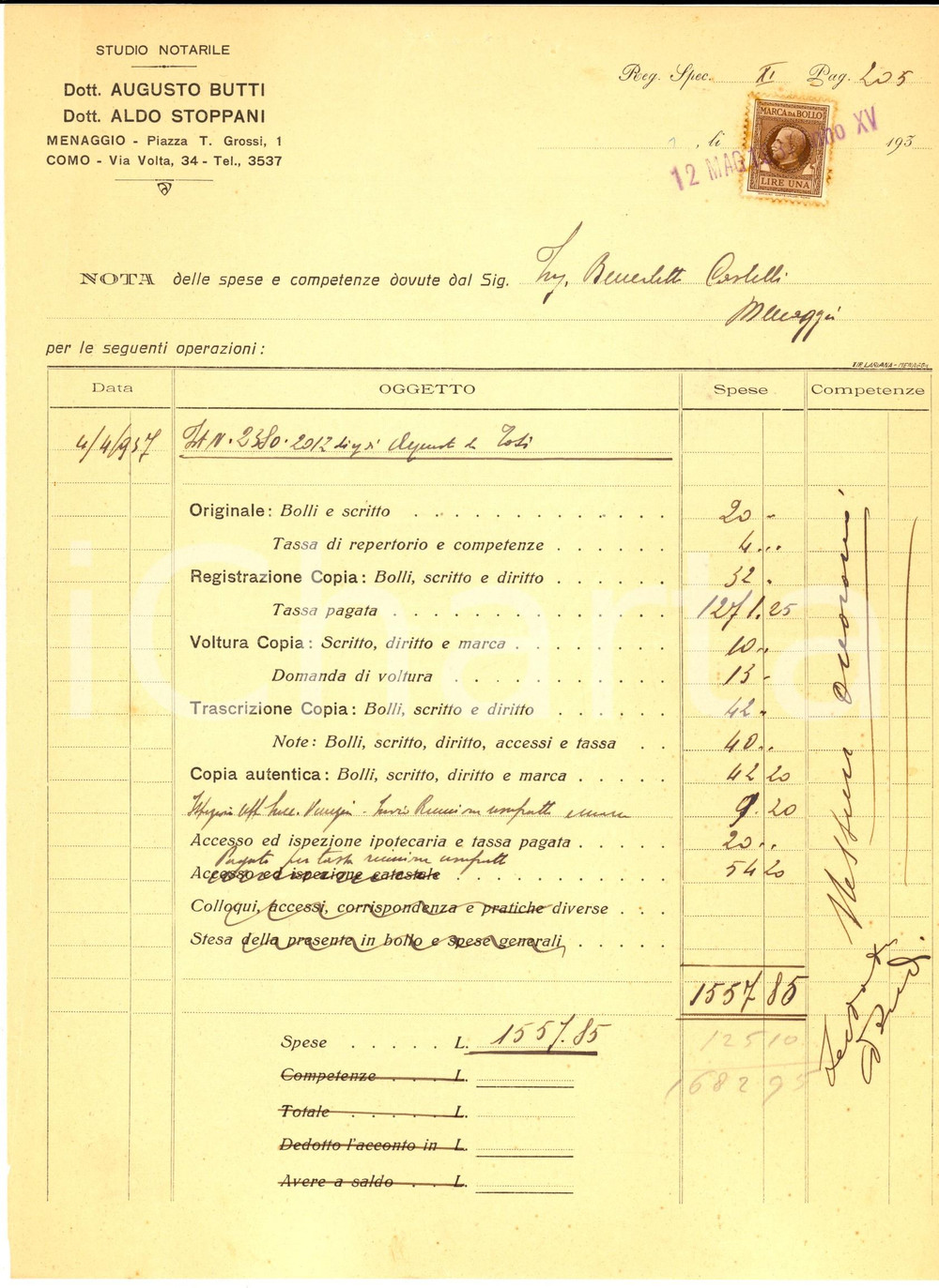 1937 MENAGGIO Studio Notarile BUTTI - STOPPANI Nota spese per Benedetto CASTELLI