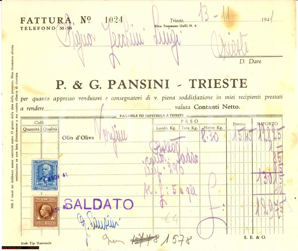 Documento originale, autentico 1941 TRIESTE P.&G.PANSINI Vendita olio d'oliva vergine 1