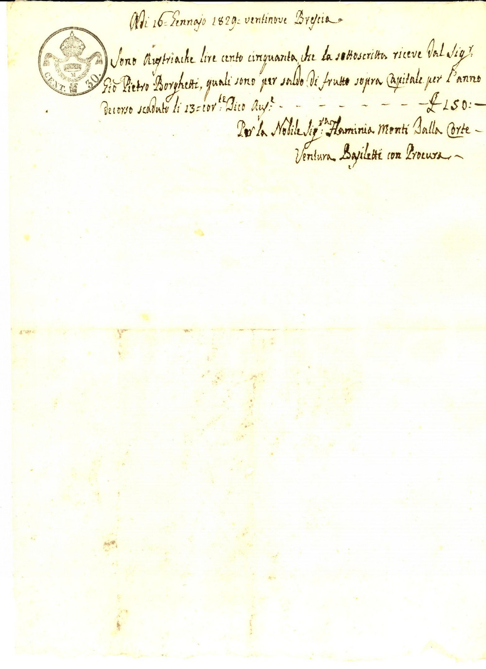 Manoscritto, lettera originale 1829 BRESCIA Ventura BASILETTI riscuote per Flaminia MONTI DELLA CORTE 1