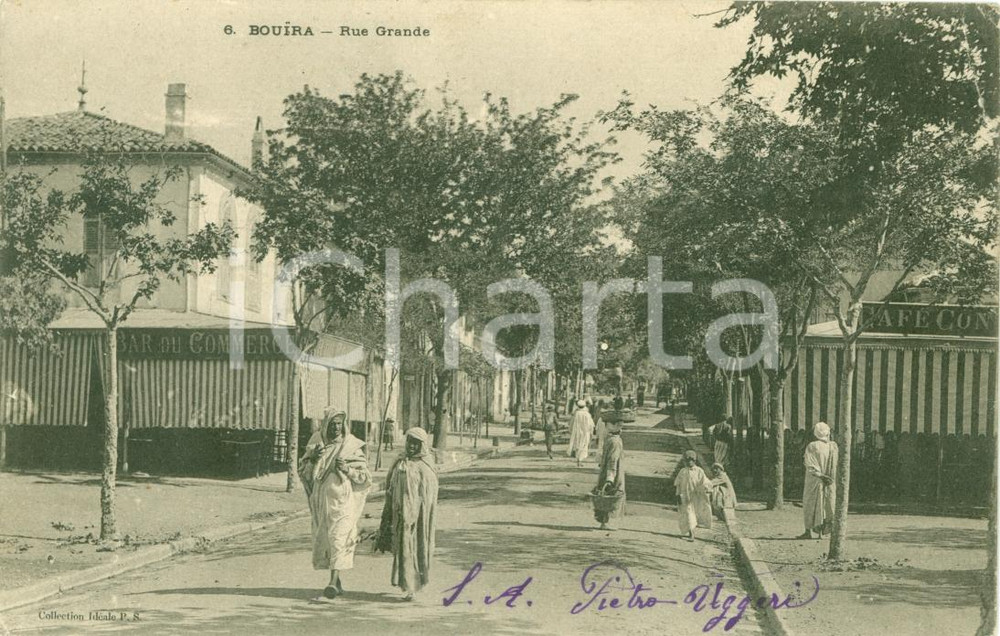 Cartolina originale da collezione 1900 ca BOUIRA (ALGERIA) Grande Rue et Bar du Commerce ANIMATA *Cartolina FP VG 1