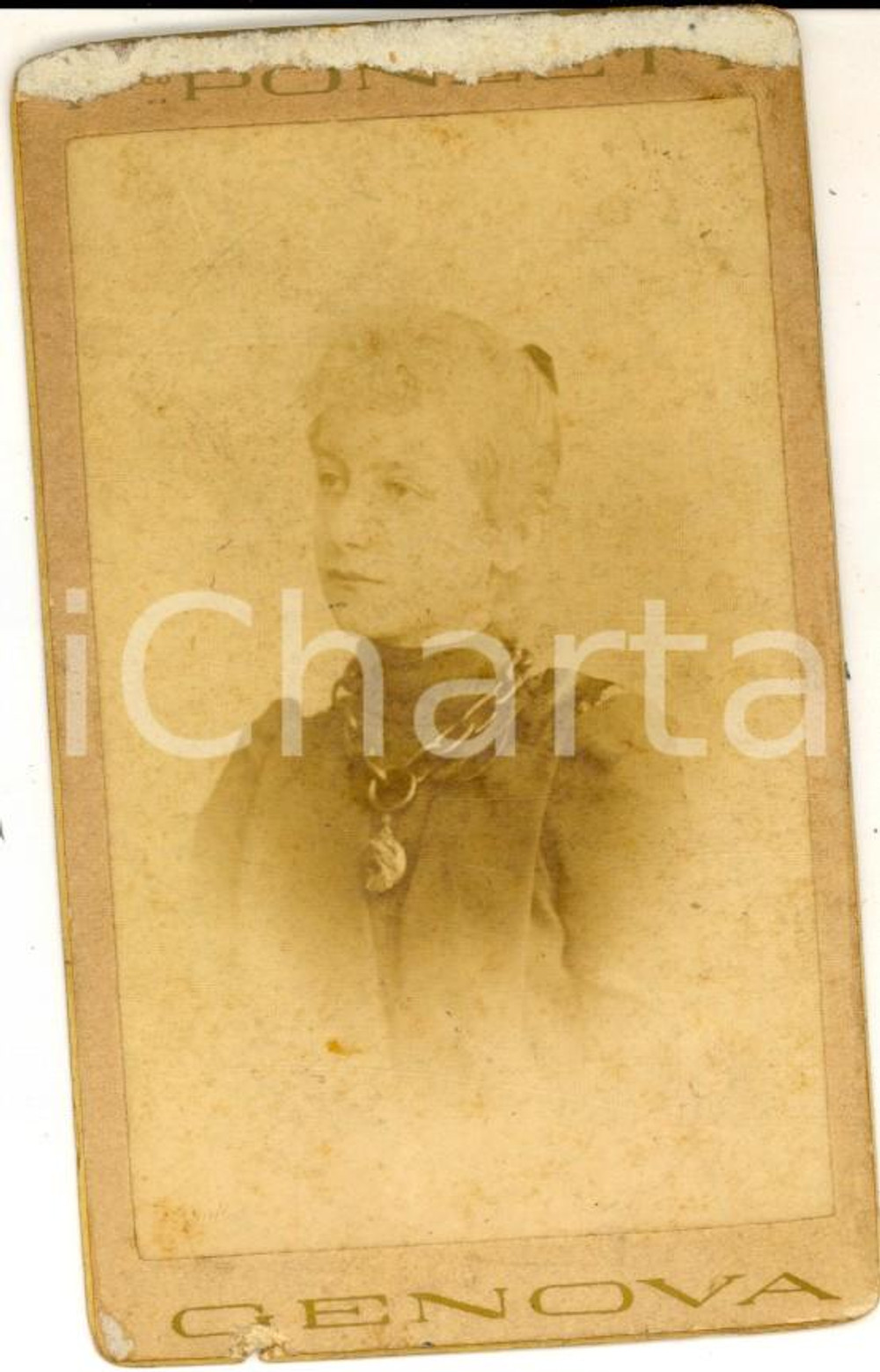 Fotografia d epoca originale 1890 GENOVA Ritratto di donna con collana a catena Foto Federico PONZETTI CDV 1