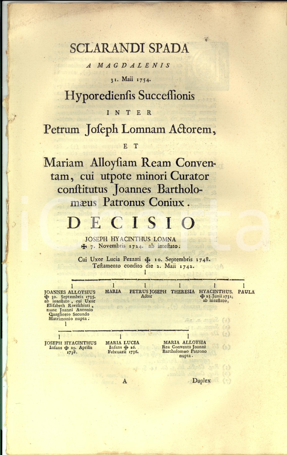 Documento originale, autentico 1754 IVREA TO Lite per ereditÃ  Pietro Giuseppe LOMNA vs nipote minorenne 1