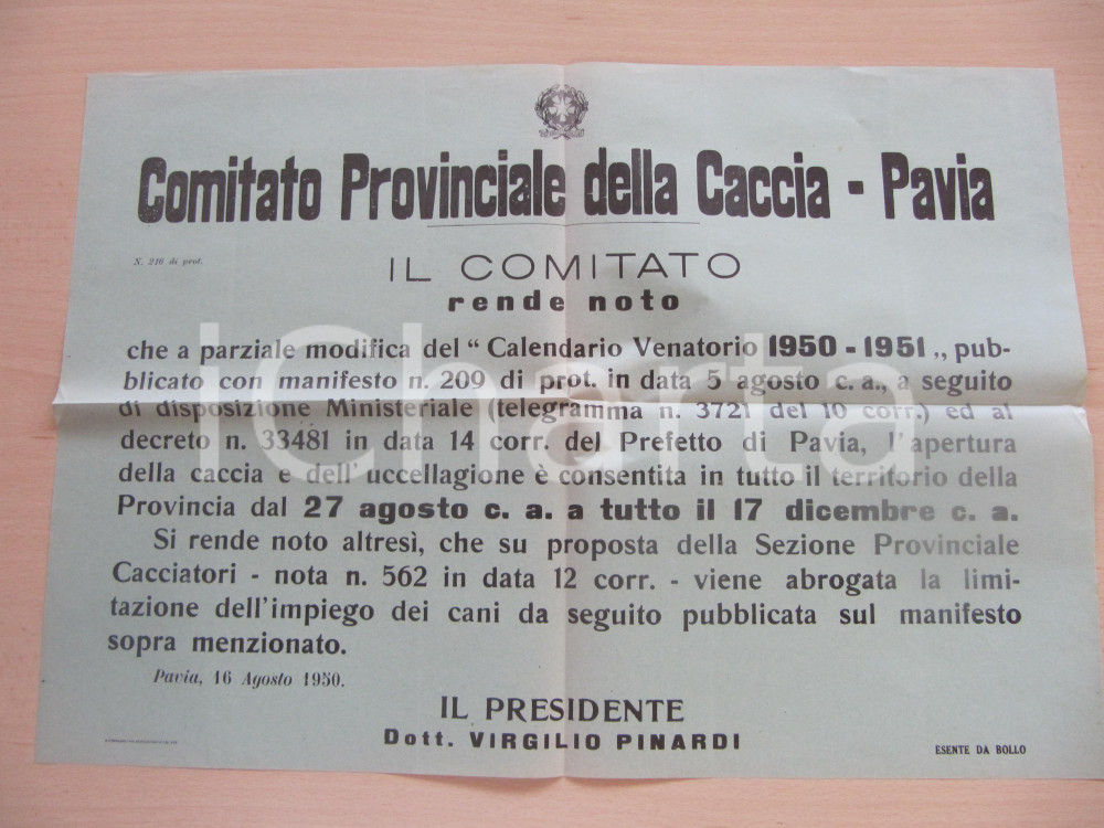 Documento originale, autentico 1950 PAVIA Apertura stagione di caccia e uccellagione 1