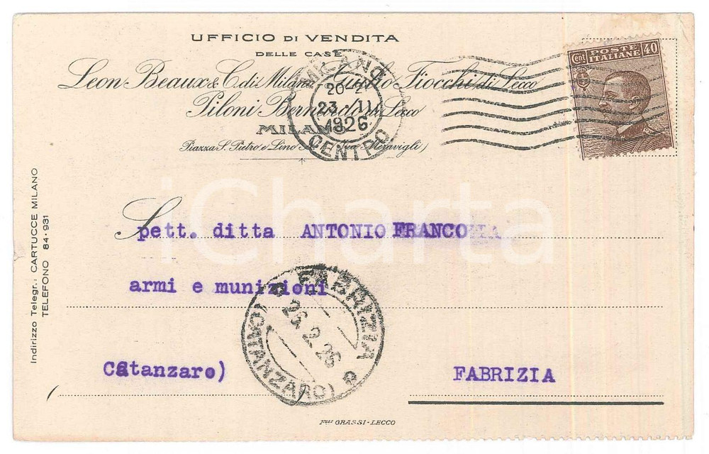 Cartolina originale da collezione 1926 MILANO Leon BEAUX Giulio FIOCCHI Bernardo PILONI Cartolina commerciale FP 1