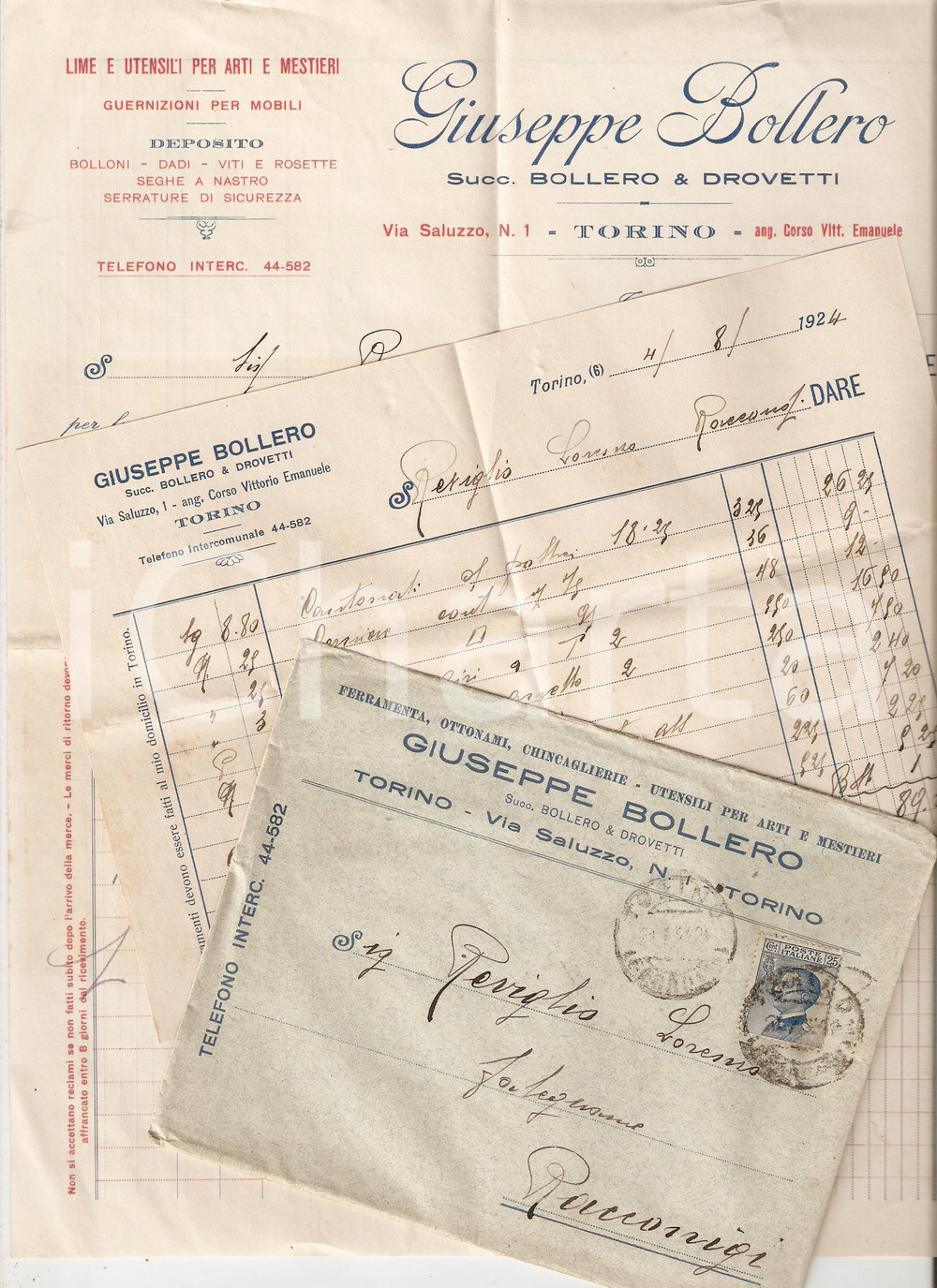Documento originale, autentico 1924 TORINO Giuseppe BOLLERO Utensili per arti e mestieri Lotto 3 fatture 1