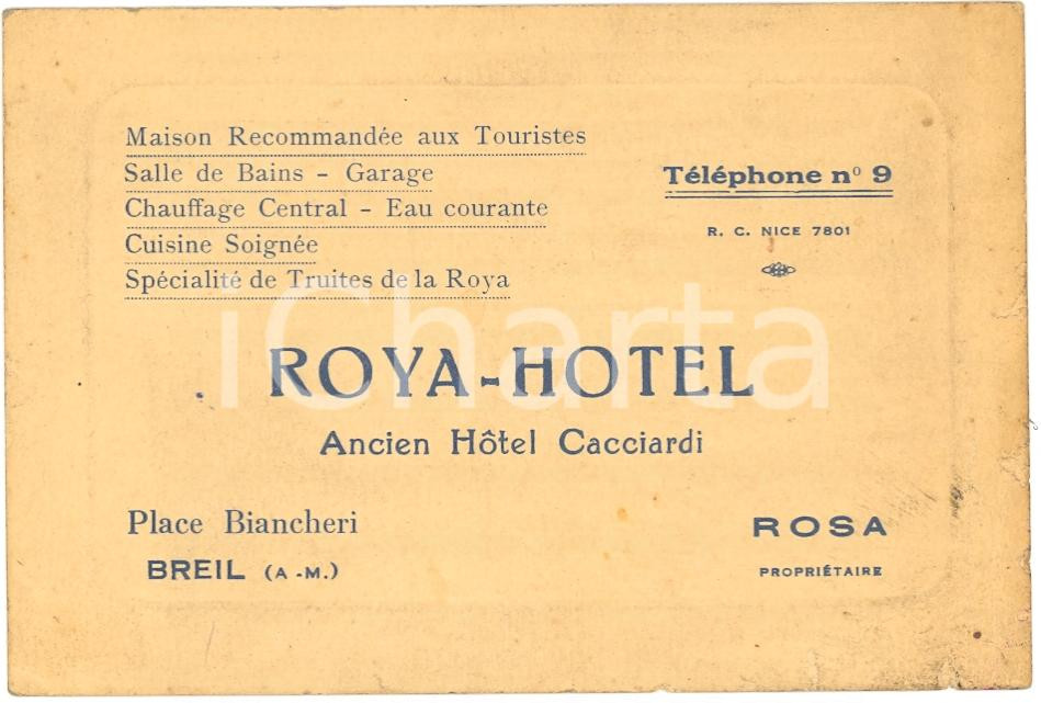 Oggetto da collezione cartaceo 1900 ca BREILSURROYA Breglio Roya Hotel Ancien CACCIARDI Biglietto 1