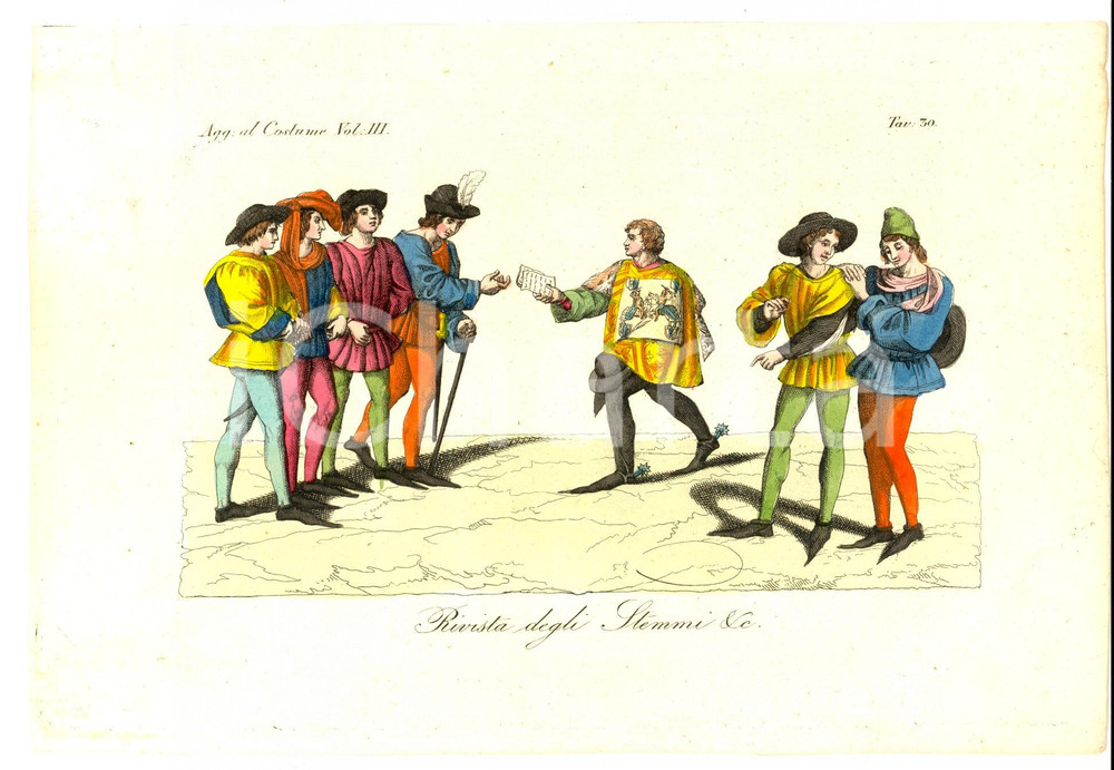 Stampa, bozzetto originale 1837 FERRARIO COSTUME ANTICO Rivista degli Stemmi Stampa COLORATA A MANO 1