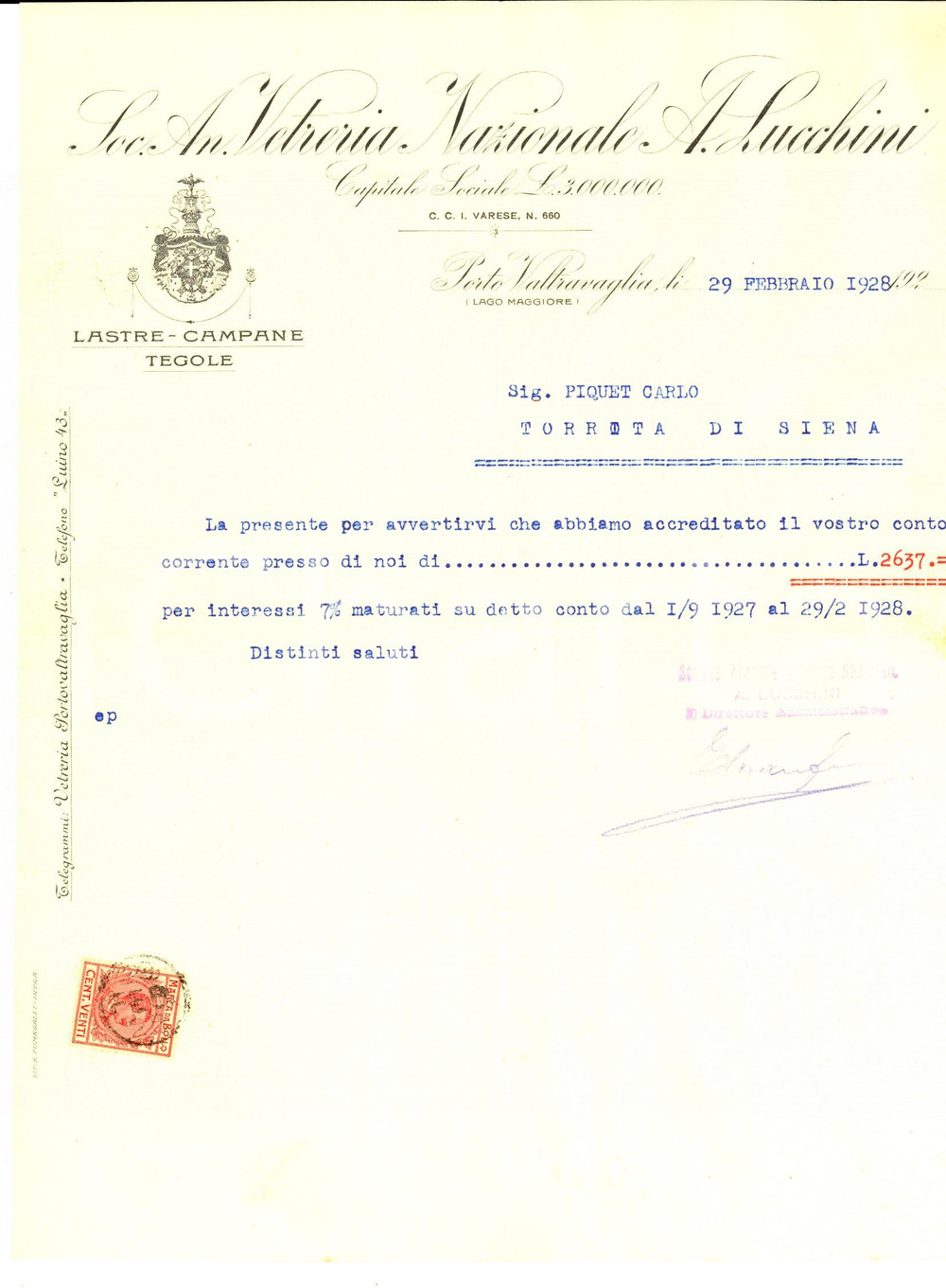 Manoscritto, lettera originale 1928 PORTO VALTRAVAGLIA VA Vetreria Nazionale LUCCHINI Lettera su accredito 1