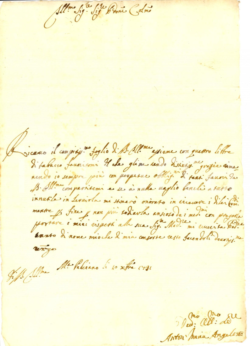 Documento originale, autentico 1731 MONTEPULCIANO (SI) Angelo ringrazia per il tabacco 1