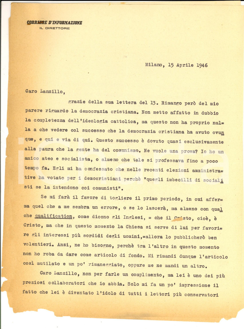 Autografo originale 1946 MILANO  Il successo della DC è paura del comunismo AUTOGRAFO Mario BORSA 1