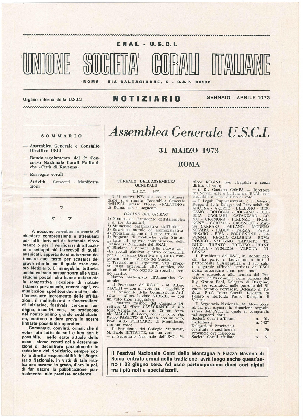 Giornale, rivista storica 1973 ROMA ENAL U.S.C.I. Concorso Corali CittÃ  di Ravenna Notiziario 1