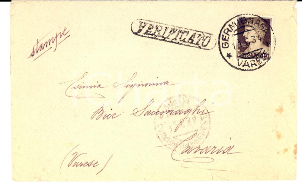 Cartolina originale da collezione 1934 STORIA POSTALE BEDERO VA Busta Collegio femminile Bollo lineare VERIFICATO 1