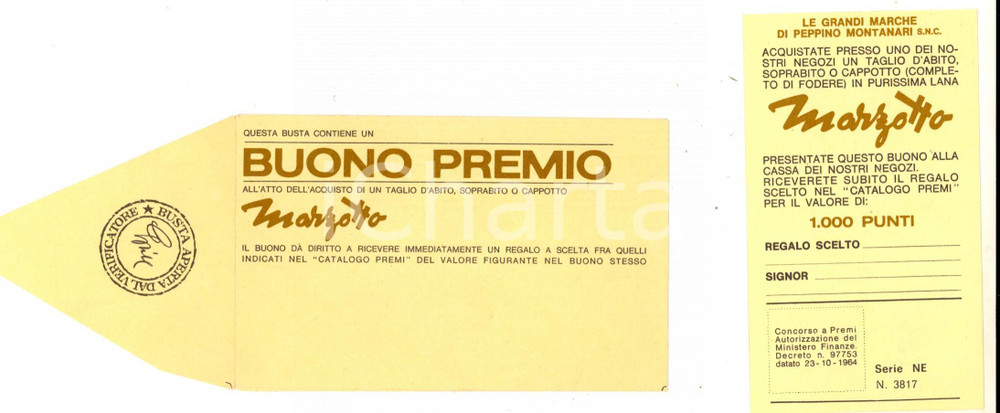 Materiale pubblicitario d’epoca 1965 ca LANE MARZOTTO Buono premio per abito, soprabito o cappotto Busta 1