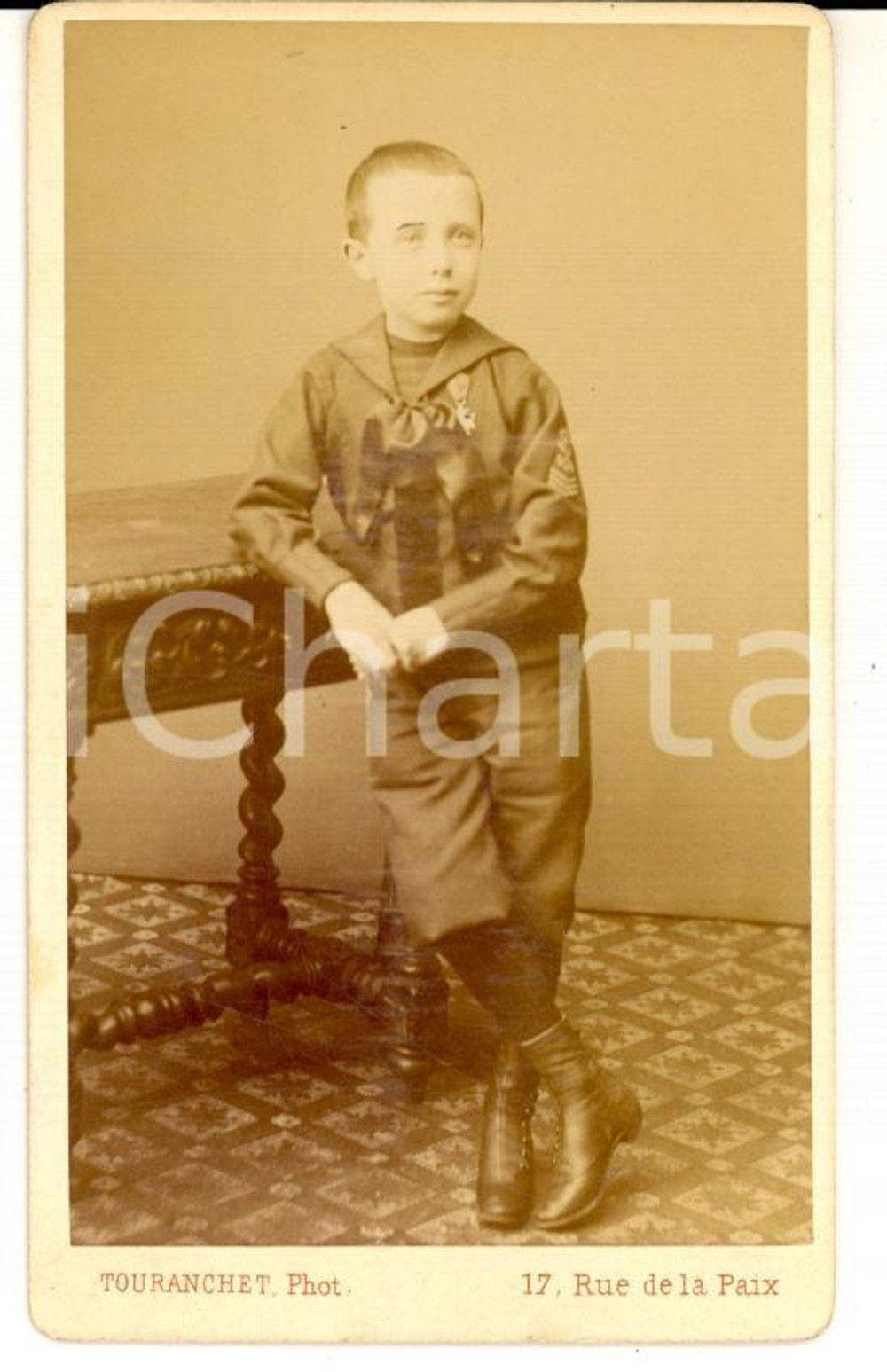 Fotografia d'epoca originale 1870 ca PARIS Ritratto di bambino in divisa da collegiale *Foto TOURANCHET 1